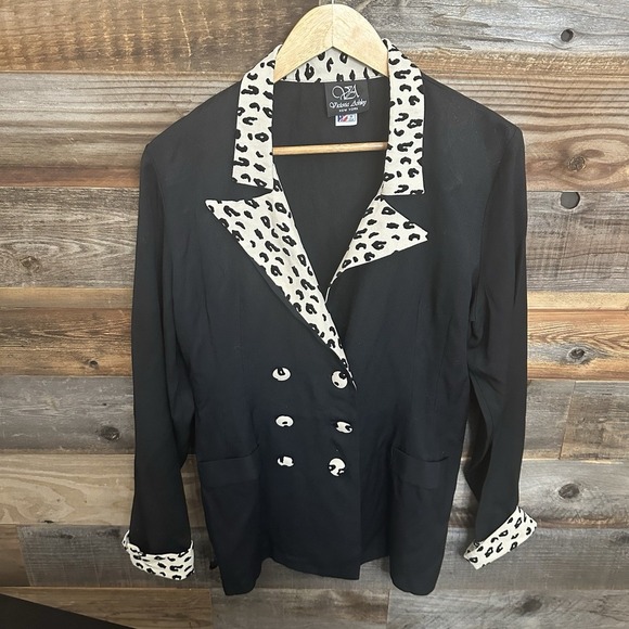 VTG Victoria Ashley Black Double Breasted Blazer 9/10 with Cheetah Collar Cuffs - Picture 1 of 10